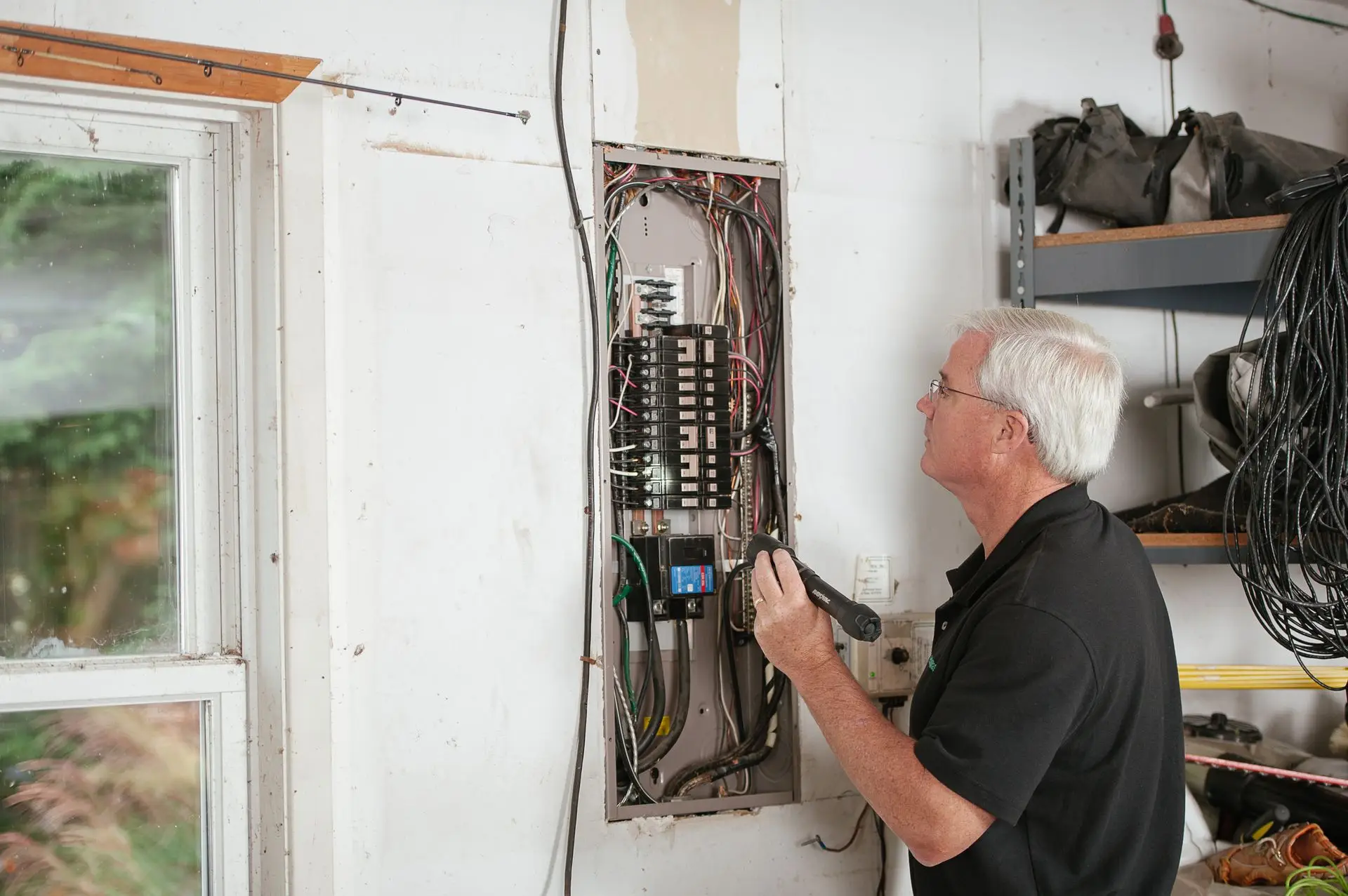 Homeowner checking a residential circuit breaker panel