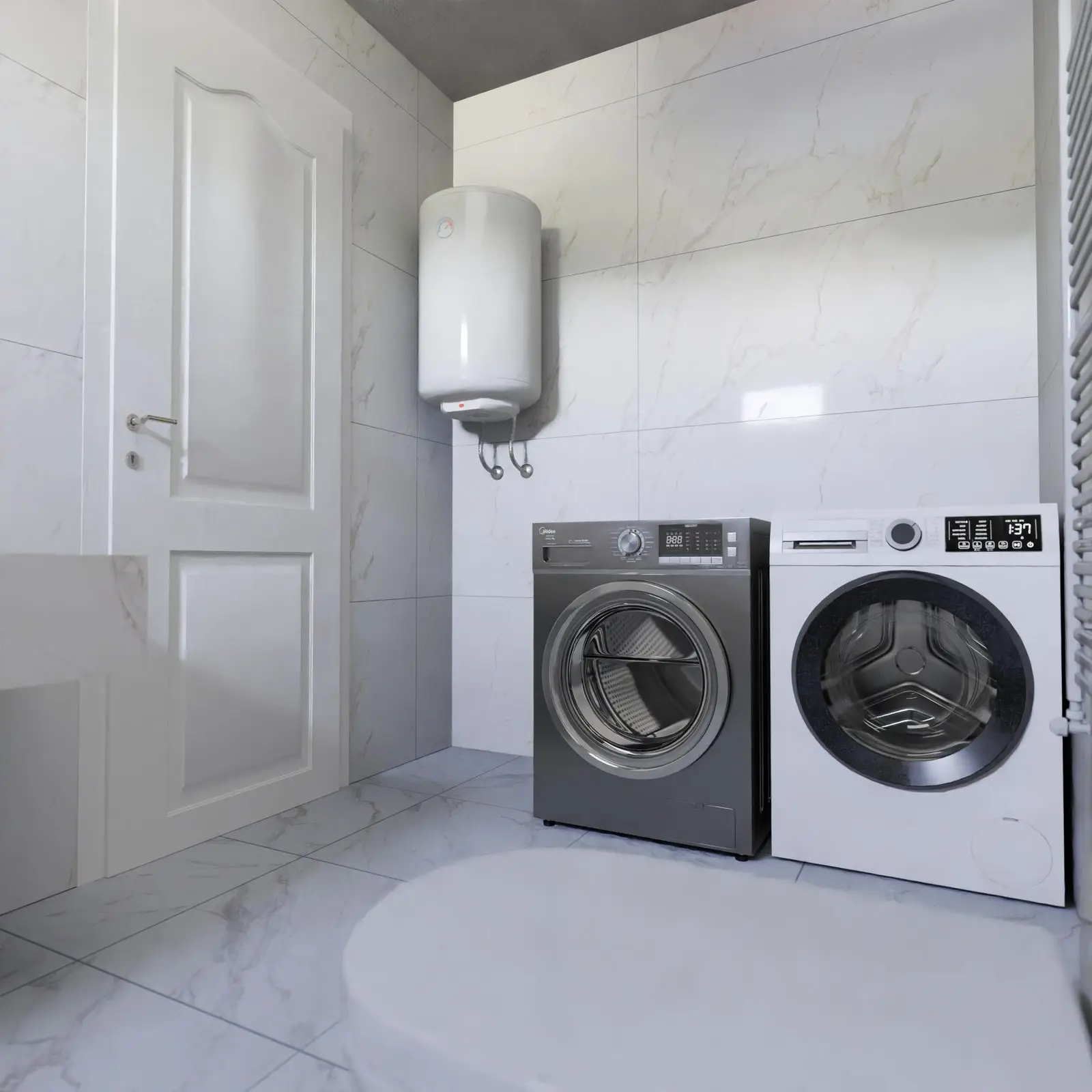 Storage water heater mounted above a washer and dryer in a utility room