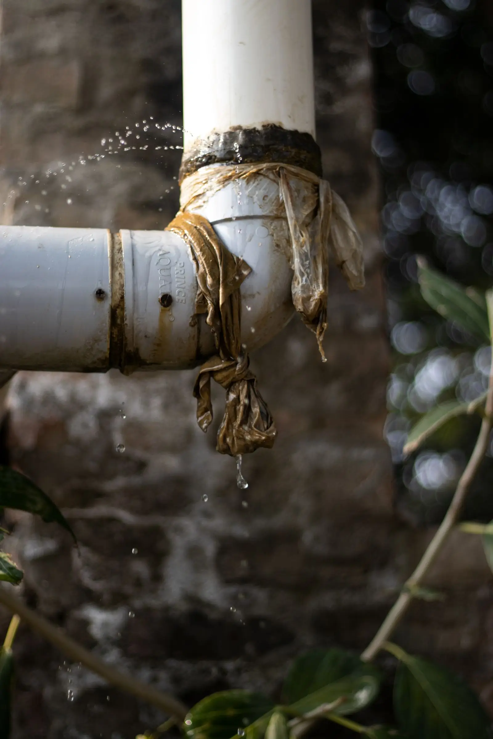 Water dripping from a leaking pipe joint
